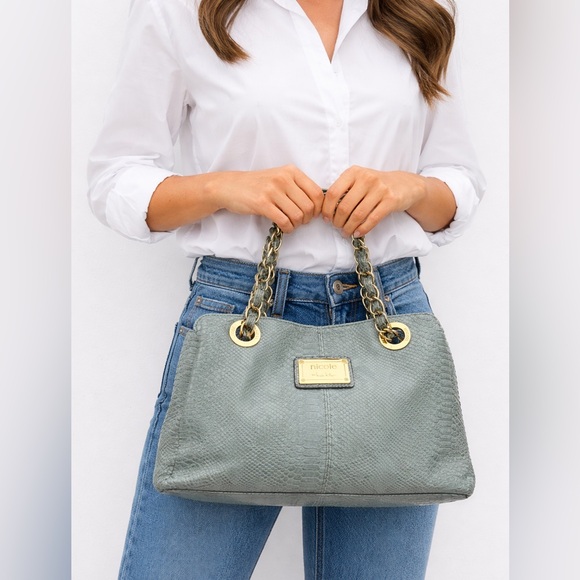 Nicole by Nicole Miller Handbags - Nicole Miller Faux Leather Snakeskin Slouch Bag Chain Strap Teal